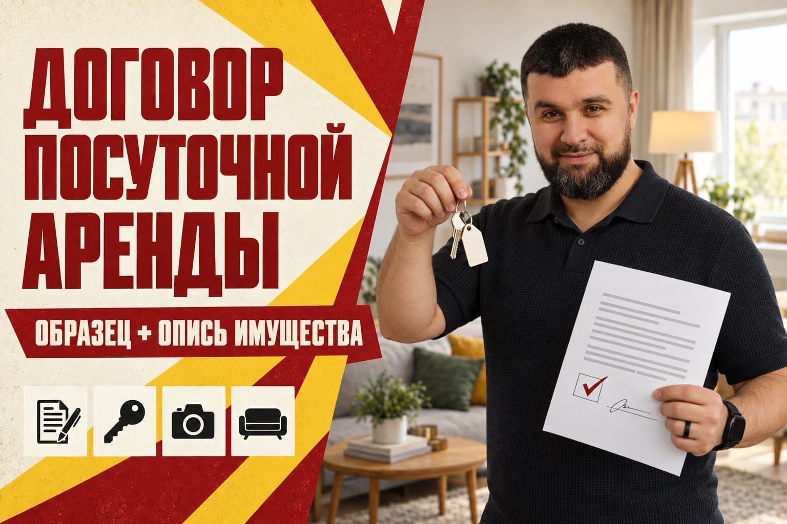 Владимир Алдушин с ключами и подписанным договором посуточной аренды в квартире