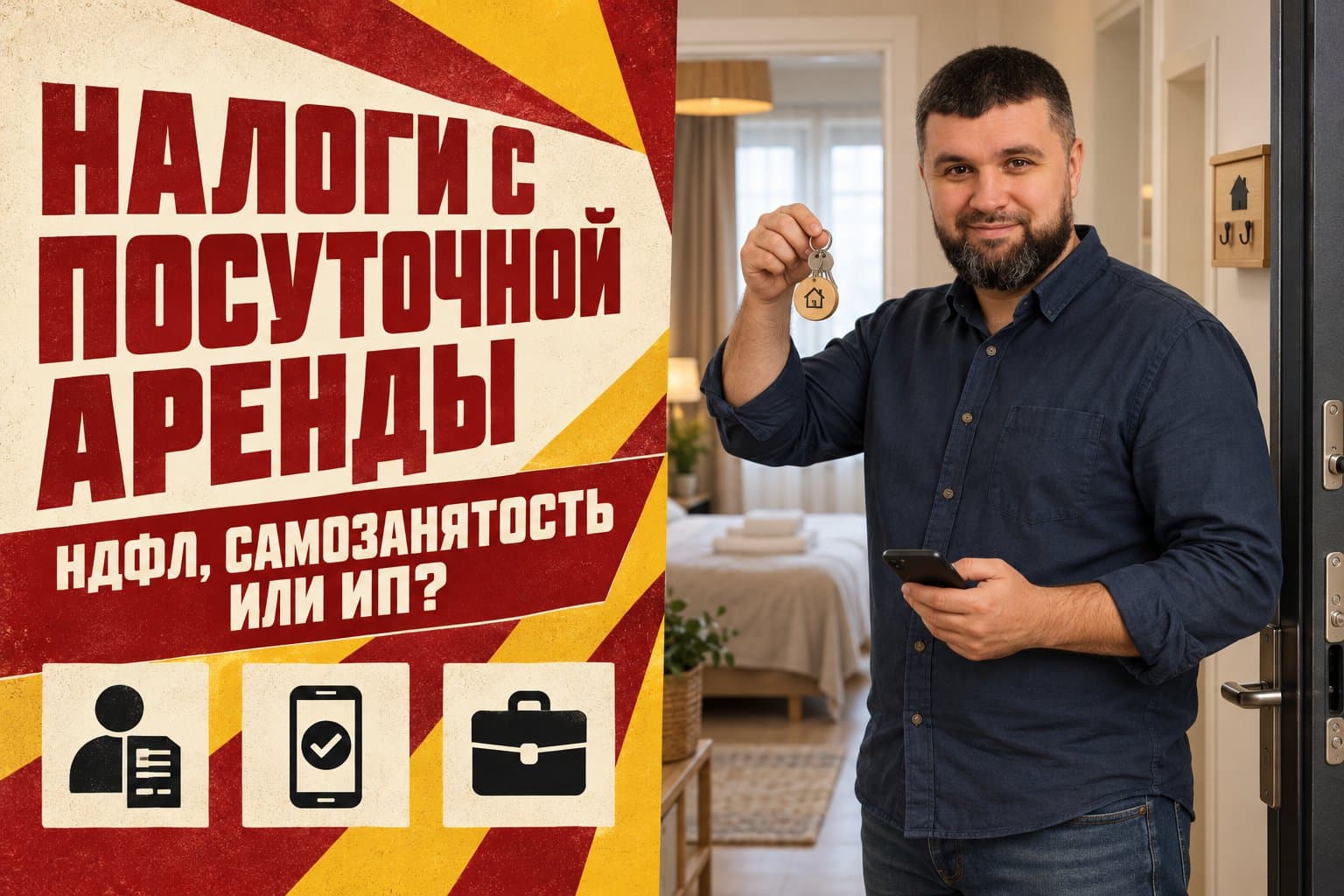 Владимир Алдушин с ключами от квартиры для посуточной аренды: НДФЛ, самозанятость или ИП