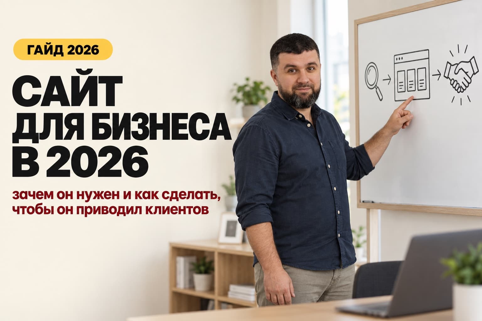 Владимир Алдушин у доски со схемой: поисковый запрос, страница сайта, клиент. Гайд «Сайт для бизнеса в 2026»