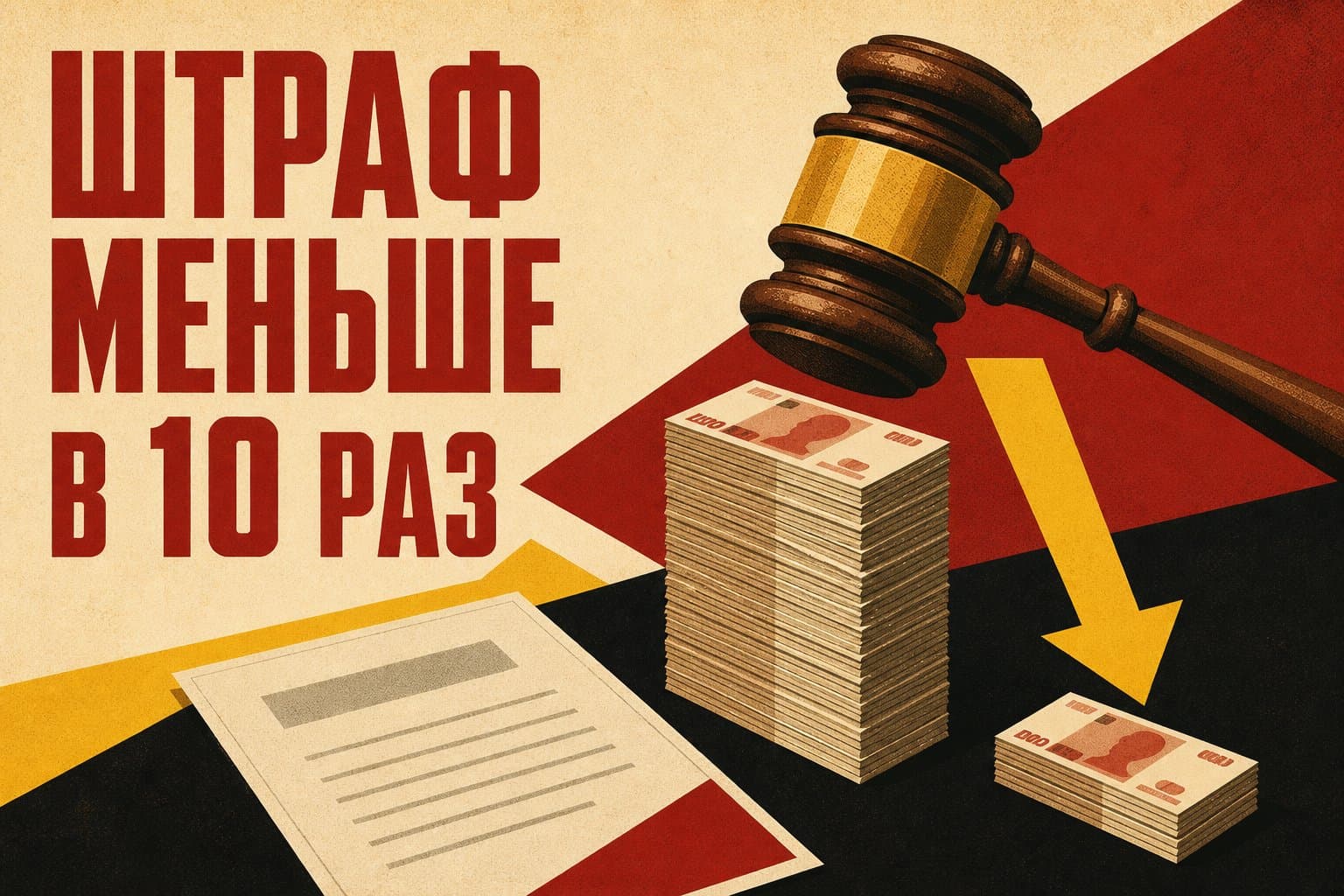 Судейский молоток и уменьшающаяся стопка банкнот — снижение налогового штрафа по смягчающим обстоятельствам
