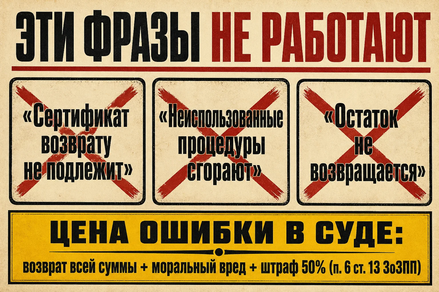Ничтожные формулировки в правилах: «сертификат возврату не подлежит», «неиспользованные процедуры сгорают», «остаток не возвращается» — цена ошибки: возврат всей суммы, моральный вред и штраф 50%