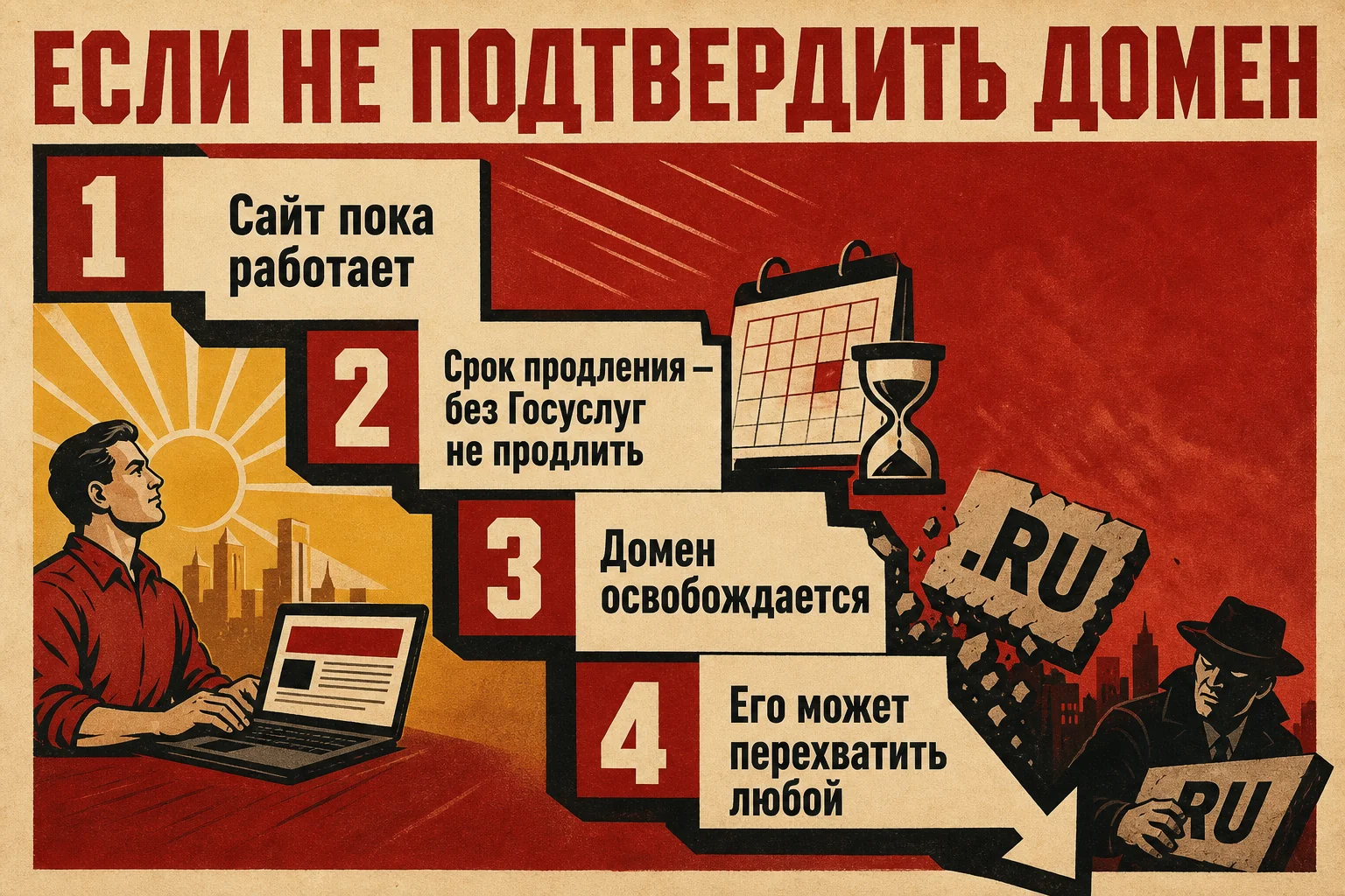 Если не подтвердить домен: 1) сайт пока работает, 2) срок продления — без Госуслуг не продлить, 3) домен освобождается, 4) его может перехватить любой
