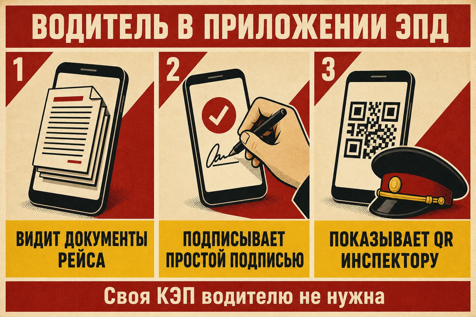 Что делает водитель в приложении ЭПД: видит документы рейса, подписывает простой электронной подписью, показывает QR-код инспектору