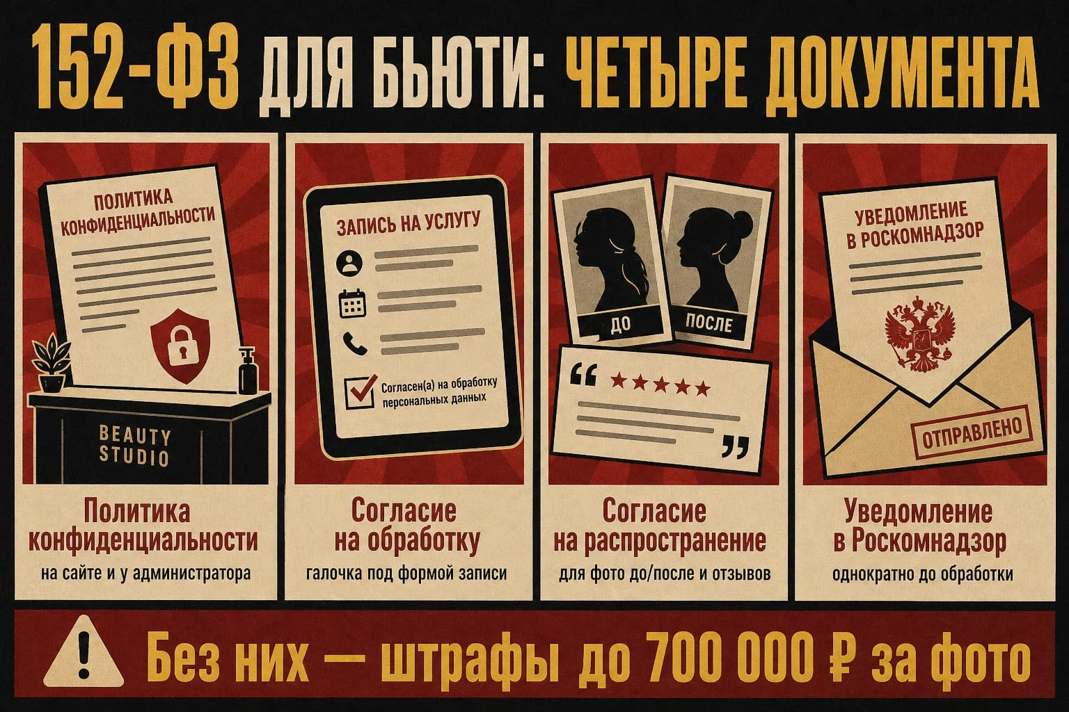 152-ФЗ для бьюти: четыре документа — политика конфиденциальности, согласие на обработку, согласие на распространение для фото и отзывов, уведомление в Роскомнадзор. Без них штрафы до 700 000 ₽ за фото