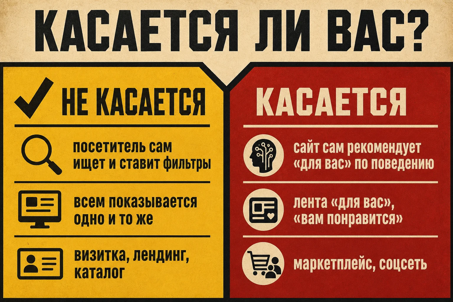 Касается ли вас закон о рекомендательных технологиях: не касается — посетитель сам ищет и фильтрует (визитка, лендинг, каталог); касается — сайт сам рекомендует «для вас» по поведению (маркетплейс, лента, соцсеть)