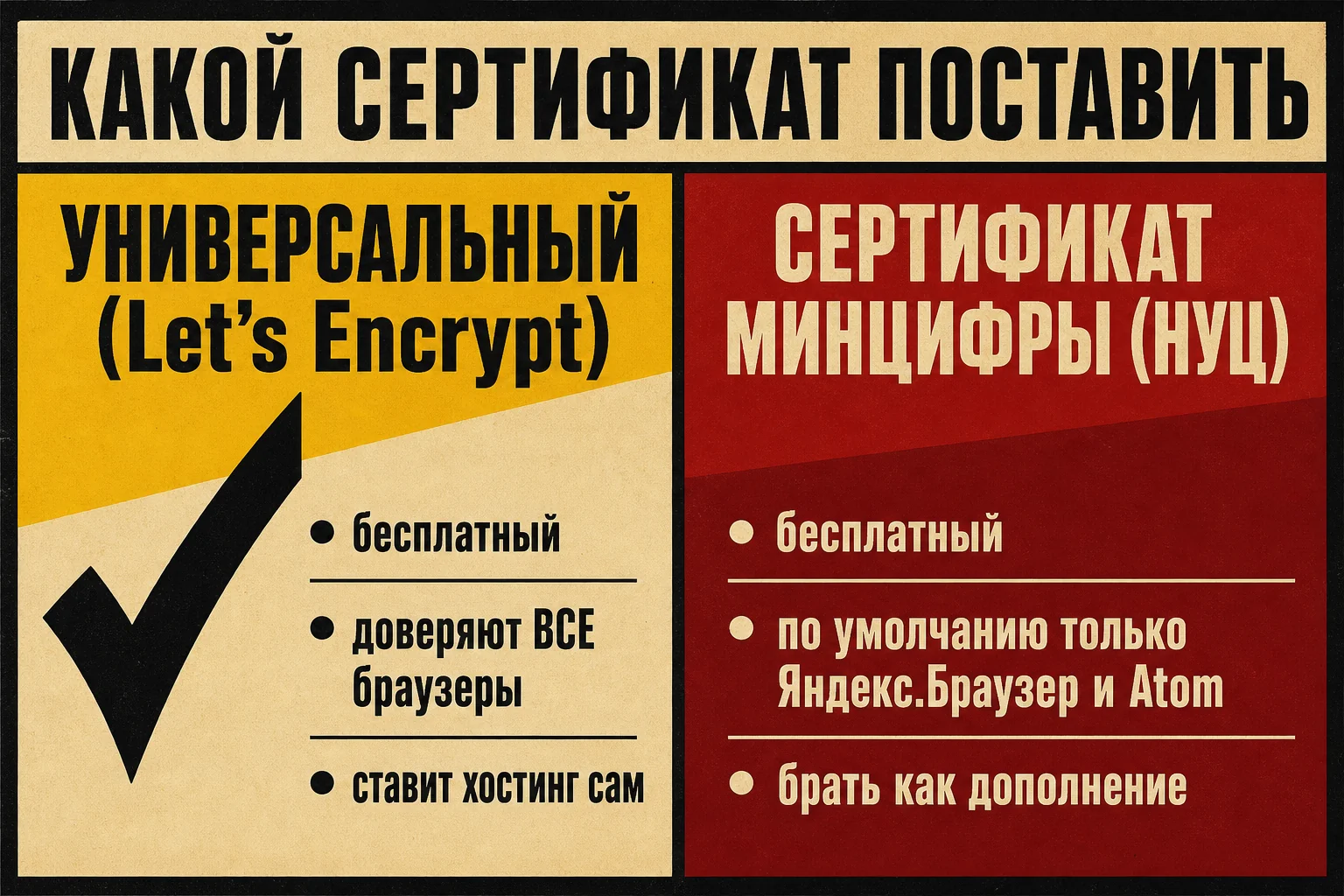Какой сертификат поставить: универсальный Let's Encrypt — бесплатный, доверяют все браузеры, ставит хостинг; сертификат Минцифры (НУЦ) — бесплатный, по умолчанию только Яндекс.Браузер и Atom, брать как дополнение
