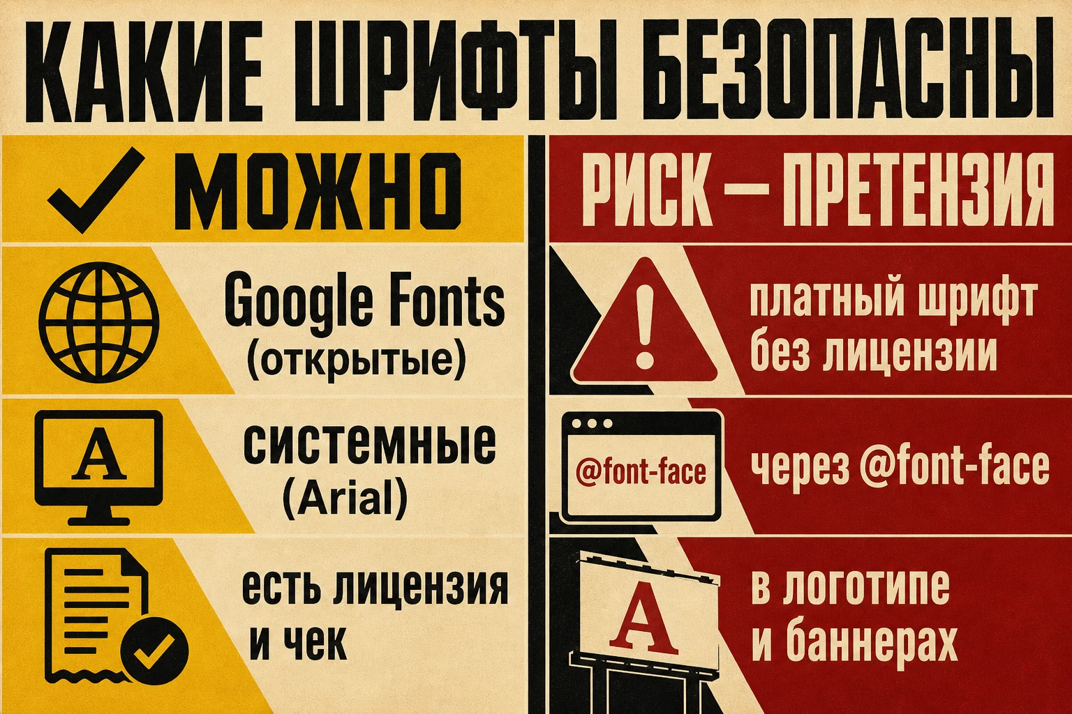 Какие шрифты безопасны: можно — Google Fonts (открытые), системные, с лицензией; риск претензии — платный шрифт без лицензии через @font-face, в логотипе и баннерах