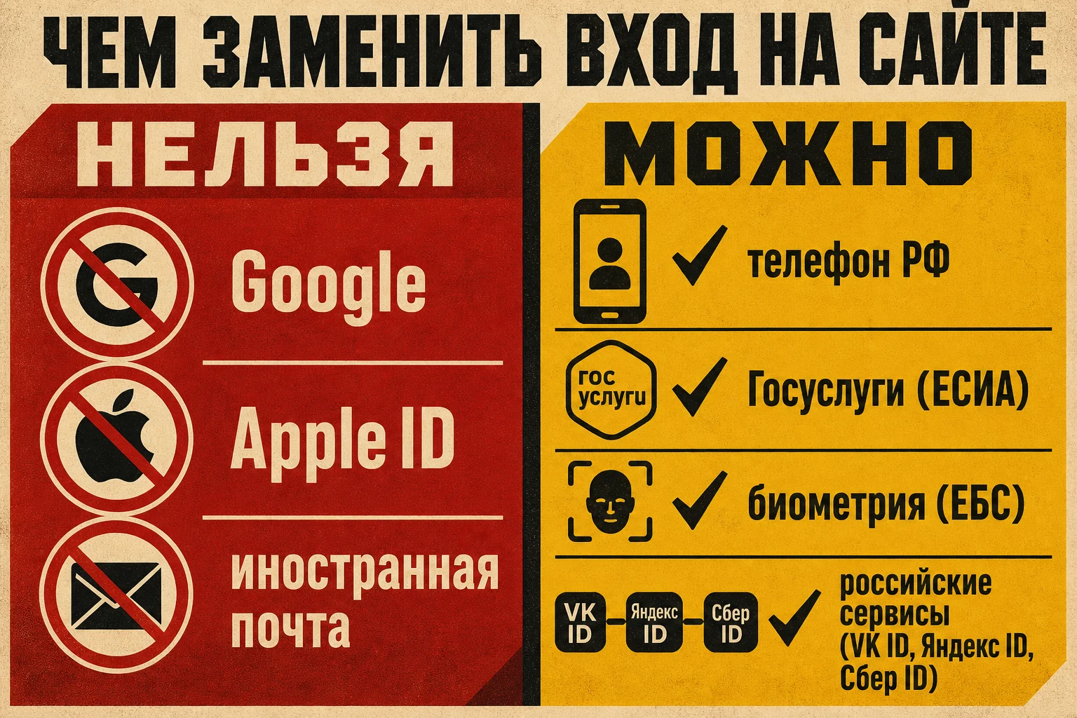 Чем заменить вход на сайте: нельзя — Google, Apple ID, иностранная почта; можно — телефон РФ, Госуслуги (ЕСИА), биометрия (ЕБС), российские сервисы VK ID, Яндекс ID, Сбер ID