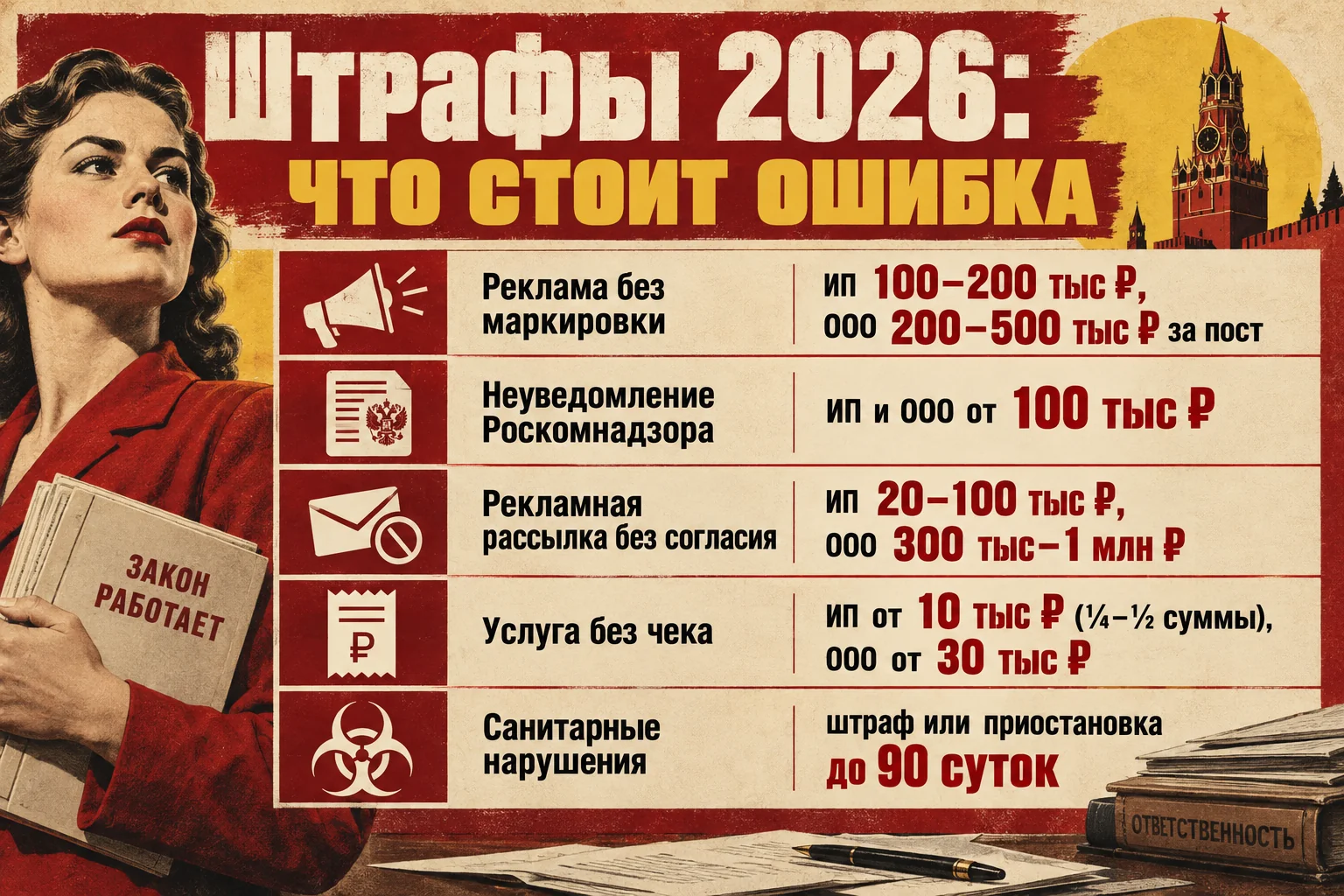 Штрафы салонам красоты в 2026 году: реклама без маркировки, неуведомление Роскомнадзора, рекламная рассылка без согласия, услуга без чека, санитарные нарушения