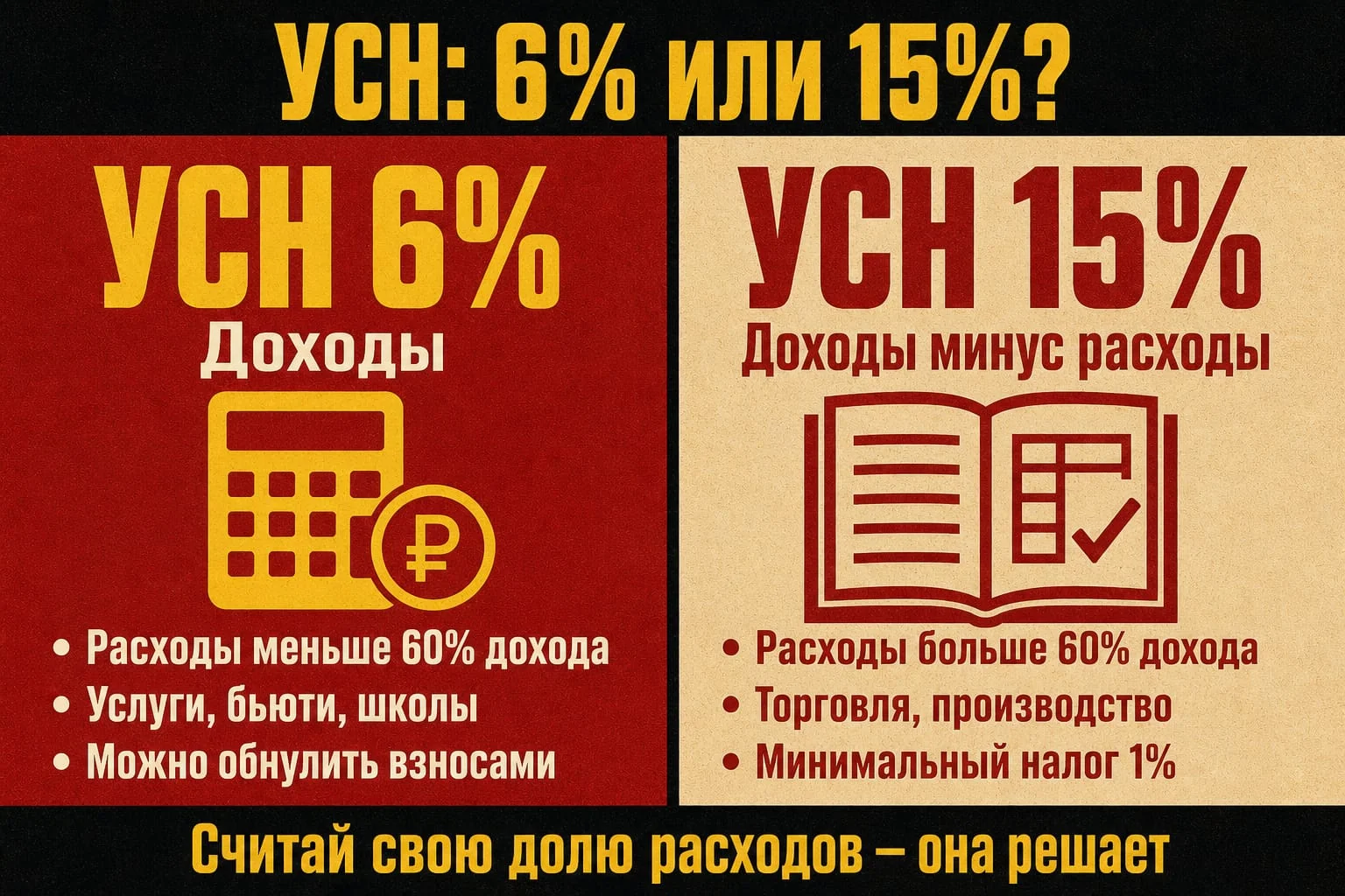УСН 6% «Доходы» против УСН 15% «Доходы минус расходы»: левая колонка для услуг и бьюти, правая для торговли — точка перелома по доле расходов 60%