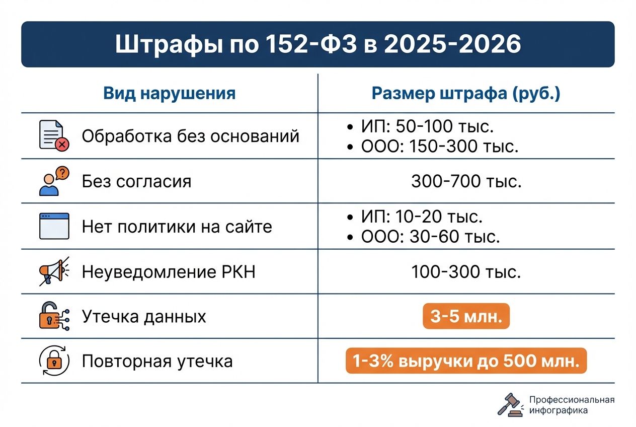 Инфографика: штрафы по 152-ФЗ для ИП и ООО в 2025-2026 году